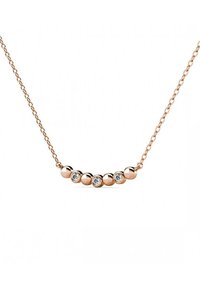 Rosegouden ketting met een delicate schakel, voorzien van vijf ronde kralen en vier kleine heldere edelstenen in een gebogen opstelling.