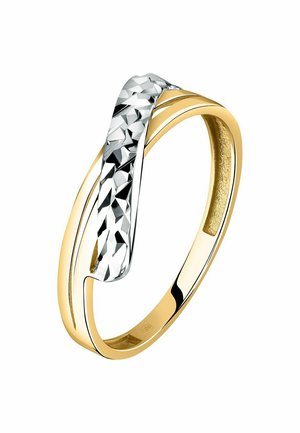 Gold- und Silberring mit einem strukturierten, facettierten Silberband über einem glatten Goldband, mit polierter Oberfläche.