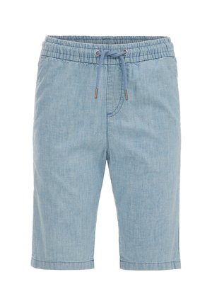 Short en jean bleu clair avec taille élastique et cordon, longueur genou, poches avant, présenté sur fond blanc.