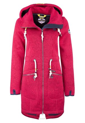Lange rote Kapuzenjacke mit Frontreißverschluss, Kordelzug in der Taille und Kapuze, Reißverschlusstaschen an den Seiten und Daumenlöchern an den Ärmeln.