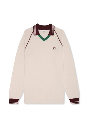 Poloshirt met lange mouwen, crème kleur met bordeauxrode en groene accenten, textuurstof, V-hals en logo op de linkerkant van de borst.