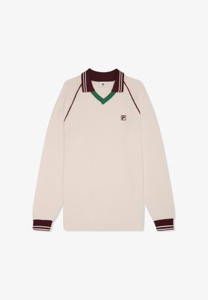 Suéter de polo de manga larga, color crema con detalles en marrón y verde, tejido texturizado, escote en V y logo en el lado izquierdo del pecho.