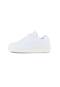 White sneakers made of smooth synthetic material, featuring a flat sole, round toe, lace-up design, and subtle logo detail on the side.