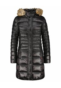 Svart puffjacka med blank yta, försedd med en huva med fuskpälsfoder, dragkedjefickor och en medellång klippning med quiltad design.