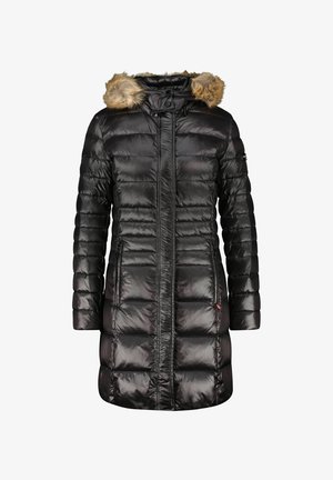 Zwarte pufferjas met een glanzende afwerking, voorzien van een met nepbont gevoerde capuchon, ritszakken en een middellange snit met een gestikte uitvoering.