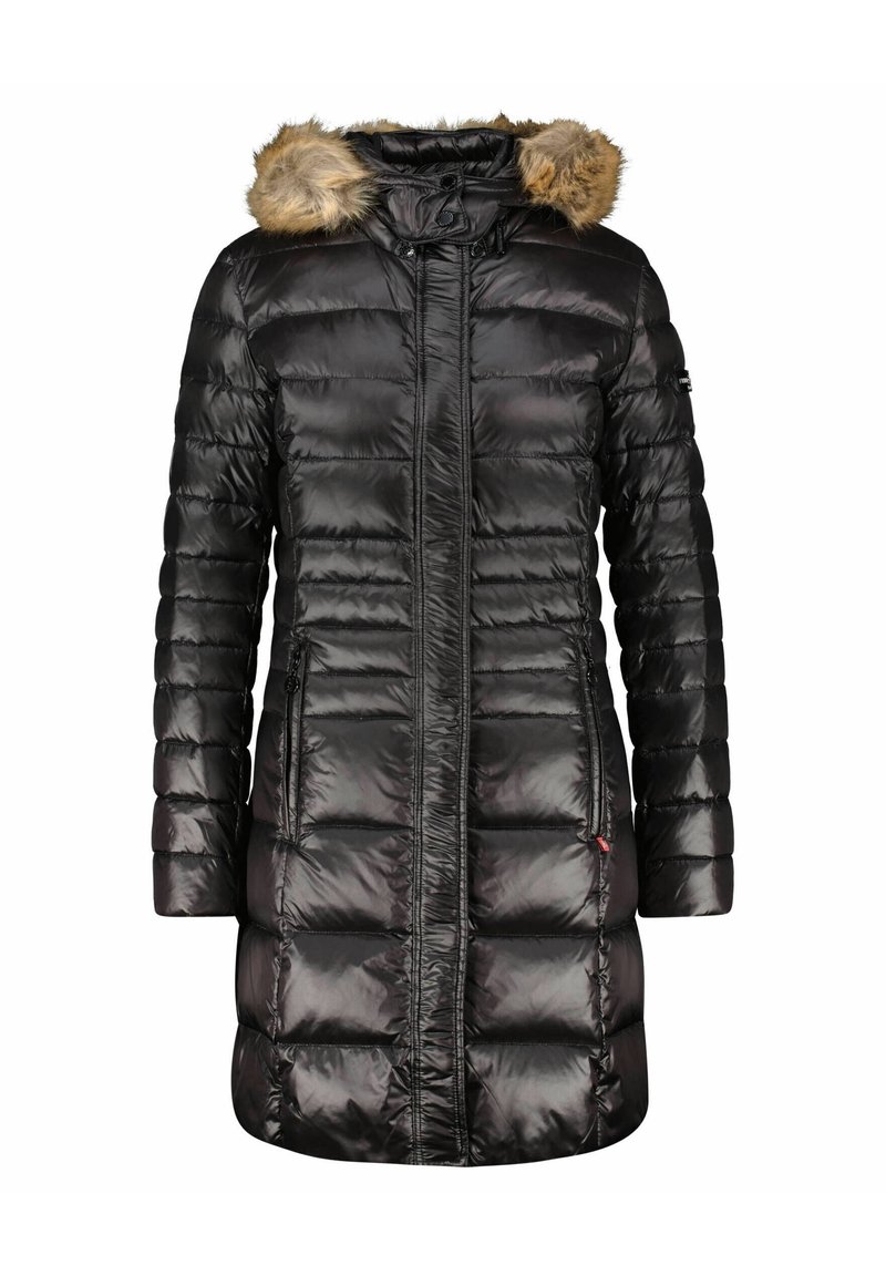 Svart puffjacka med blank yta, försedd med en huva med fuskpälsfoder, dragkedjefickor och en medellång klippning med quiltad design.