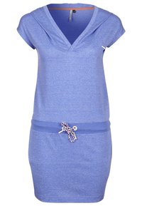Modrá šaty s kapucí, designem do V, krátkými rukávy, těsným pasem s kontrastním stahováním a měkkou texturou.