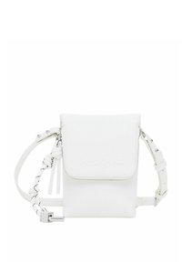 Biała torebka crossbody o teksturowanej powierzchni, z zamkiem błyskawicznym i regulowanym paskiem, z ozdobnym detalem w postaci węzła oraz wytłoczonym logo.