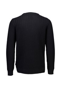 Zwarte gebreide trui met een textuurpatroon, ronde halslijn en lange mouwen, met een geribde onderkant en mouwen.