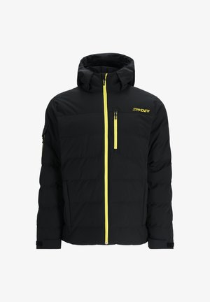 Zwart gewatteerd jack met hoge kraag, gele rits en accenten. Bevat ritszakken op de borst en aan de zijkanten, en verstelbare manchetten.
