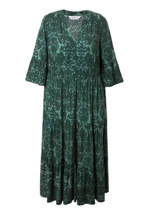 Grünes Blumenmusterkleid mit V-Ausschnitt, ausladenden 3/4-Ärmeln und gestuftem Rock. Hergestellt aus einem leichtem Stoff mit glatter Textur.