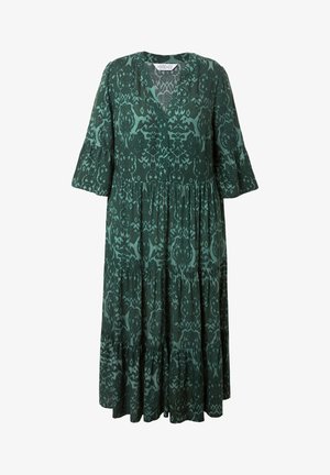 Grünes Blumenmusterkleid mit V-Ausschnitt, ausladenden 3/4-Ärmeln und gestuftem Rock. Hergestellt aus einem leichtem Stoff mit glatter Textur.