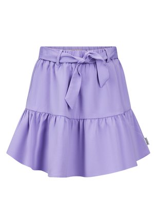 Jupe violette à volants avec taille élastique et nœud attaché. Fabriquée en tissu lisse avec un ourlet évasé et une finition texturée.