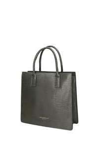 Donkergroene handtas met krokodillenstructuur, voorzien van twee stevige handgrepen, met een gestructureerde vorm en gouden branding aan de voorkant.