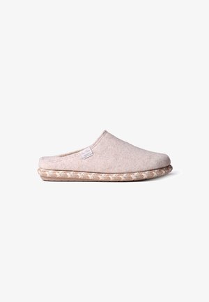 Beige felt slipper with an open back, rounded toe, and woven jute-style sole. Smooth texture with a subtle sheen and a small logo tag.