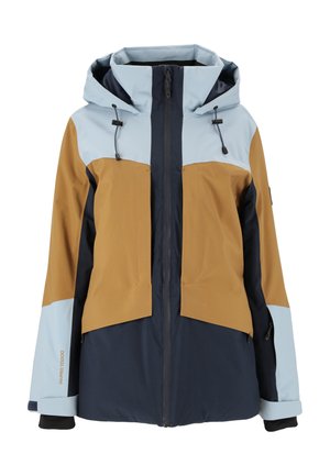 Vattenavvisande skidjacka med en blandning av marinblå, ljusblå och beige paneler, med dragkedjestängning, justerbar huva och manschettdetaljer.