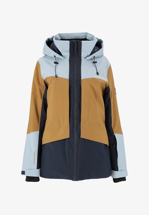 Vattenavvisande skidjacka med en blandning av marinblå, ljusblå och beige paneler, med dragkedjestängning, justerbar huva och manschettdetaljer.