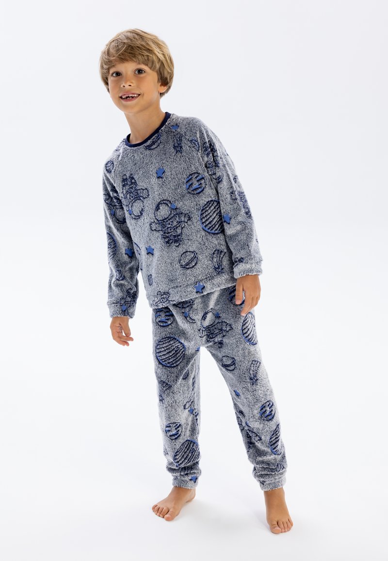 Fleece pajama set featuring a gray base, blue space-themed patterns including planets and astronauts, with elastic cuffs and waistband.