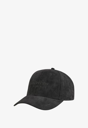 Zwarte suede pet met "HECHTER PARIS" geborduurd op de voorkant, voorzien van gestikte panelen en een gebogen rand.