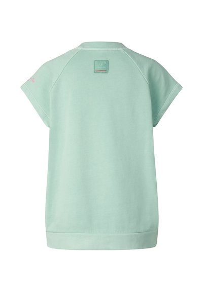 Minzgrünes Sweatshirt mit kurzen Ärmeln, Rundhalsausschnitt, geripptem Saum und kleinem Markenlabel in der Mitte des oberen Rückens.