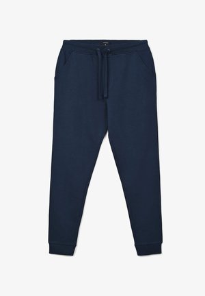 Pantaloni sportivi blu navy con vita elastica, coulisse regolabile, tasche laterali e caviglie a costine.