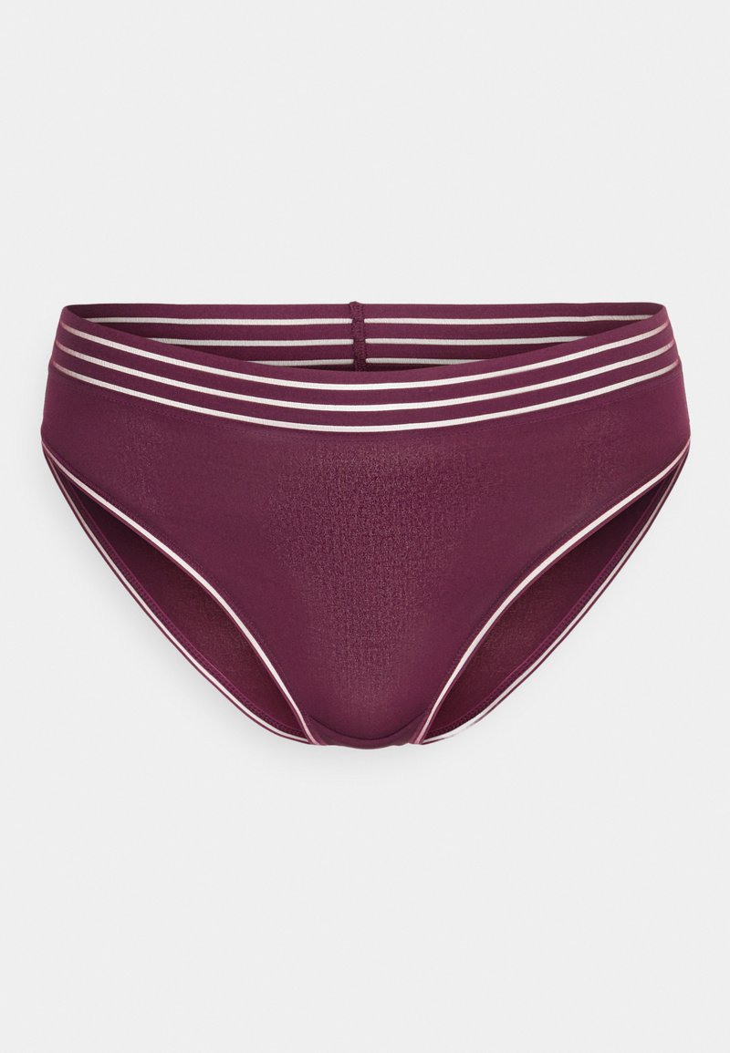Bikini bottom da donna color bordeaux con una texture liscia, caratterizzato da una cintura a righe in grigio chiaro e bianco. Taglio classico con copertura moderata.