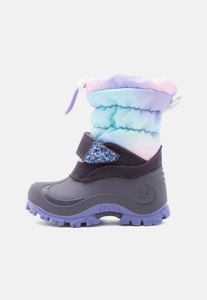 Lila és világoskék hócsizma, párnázott szegéllyel, texturált talppal, és csillogó díszítéssel a pánton. Vízálló anyag.