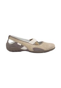 Ballerines décontractées pour femmes en beige et marron avec un motif floral texturé, des accents en maille et une sangle élastique croisée pour un maintien sécurisé.