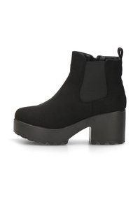 Botas negras de tobillo de ante con paneles laterales elásticos, puntera redondeada y un tacón de plataforma gruesa. Presenta una tirador en la parte trasera.