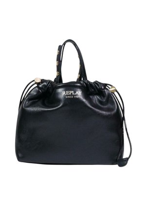 Sac en cuir noir avec fermeture à cordon, présentant des éléments en métal doré et un logo embossé à l'avant. Forme arrondie, surface texturée.