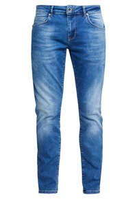 Lyseblå denimbukser med rett snitt, falming detaljer, fem lommer og en knappelukk foran.