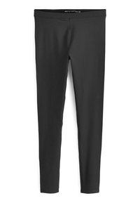 Svarta helängdsleggings tillverkade av elastiskt material, med en slät yta och en enkel, sömlös midjebandsdesign.