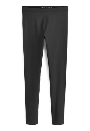 Svarta helängdsleggings tillverkade av elastiskt material, med en slät yta och en enkel, sömlös midjebandsdesign.