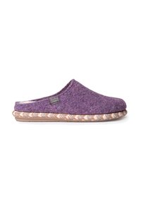 Lapas violetti, jossa on suljettu takaosa, teksturoitu pintamateriaali ja punottu juutti-tyylinen pohja. Sivulla on pieni brändilogo.