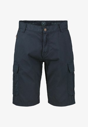 Donkerblauwe cargo shorts met knoopsluiting aan de voorkant, riemlussen, zijzakken met klep en een rechte zoom.