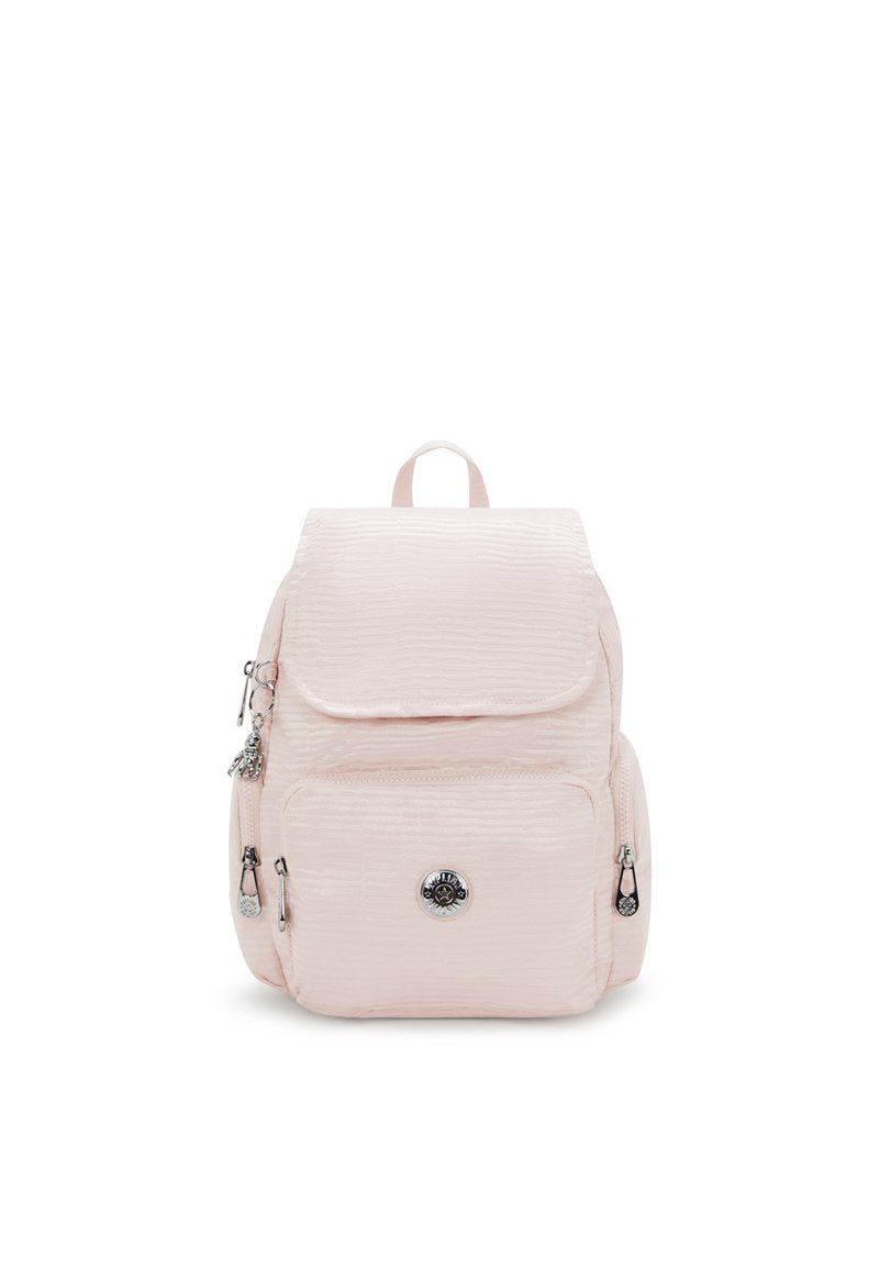 Pink fabric backpack with a textured finish, front flap, and multiple zippered pockets. Features silver hardware and a logo accent.