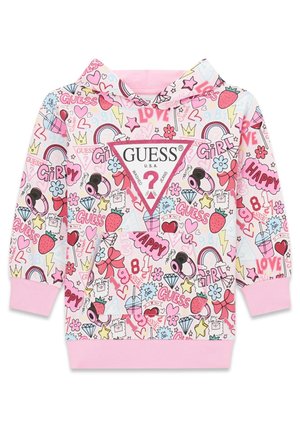 Pinkes Kleinkind-Hoodie mit bunten, verspielten Drucken, darunter Herzen, Erdbeeren, Regenbögen, Sterne und der Text „"Guess"“, mit großem dreieckigem Logo.