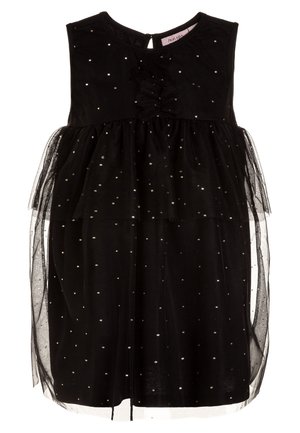 Robe noire sans manches pour tout-petit avec pois dorés, jupe en tulle superposée et détail à volants sur la poitrine.