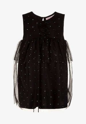 Robe noire sans manches pour tout-petit avec pois dorés, jupe en tulle superposée et détail à volants sur la poitrine.