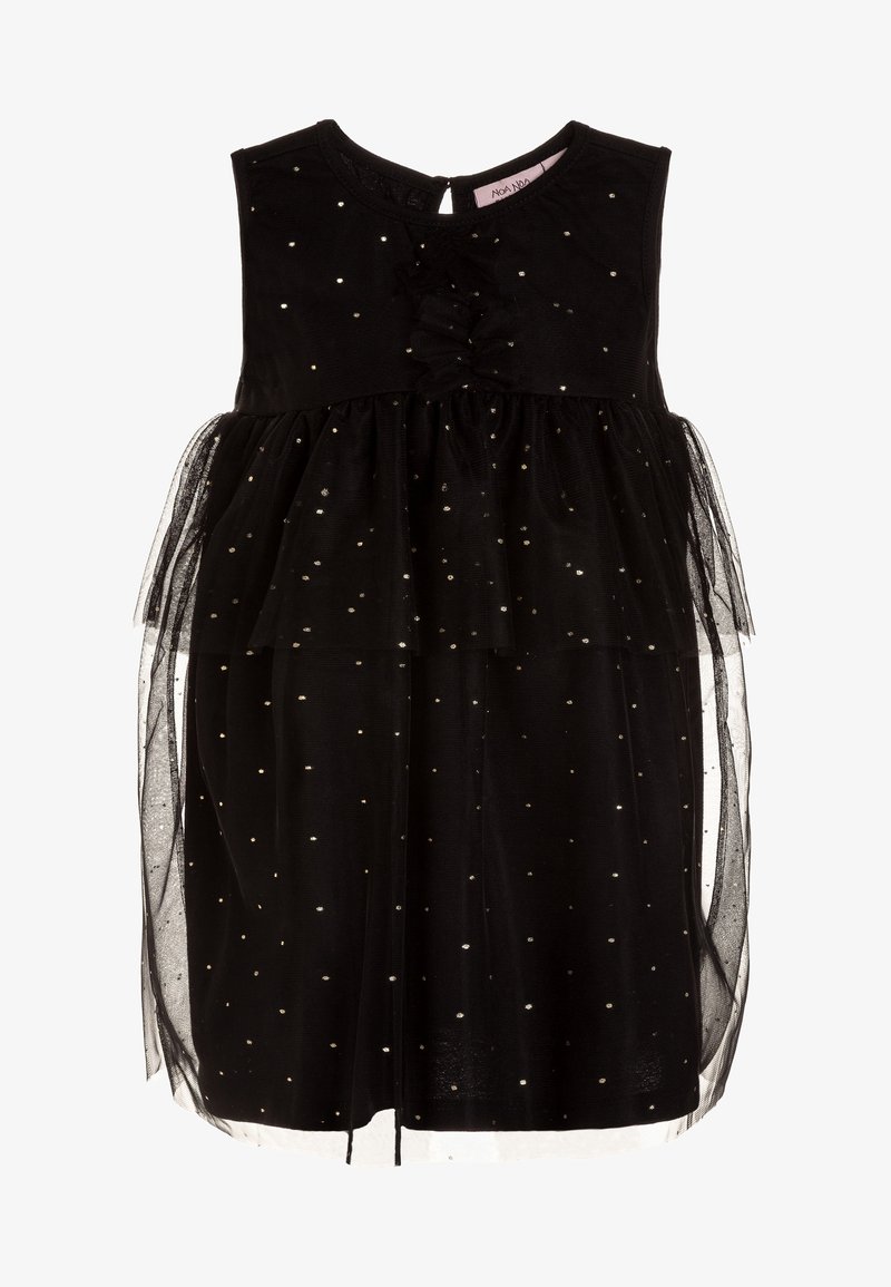 Robe noire sans manches pour tout-petit avec pois dorés, jupe en tulle superposée et détail à volants sur la poitrine.