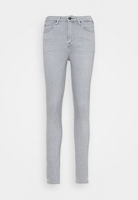 Vaqueros skinny gris hechos de mezclilla, con un diseño clásico de cinco bolsillos, cierre frontal con botón y cremallera, y corte recto.