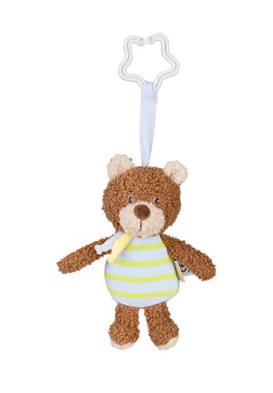Brown teddy bear toy with beige ears and snout, wearing yellow and white striped shirt, hanging from white star-shaped plastic ring.