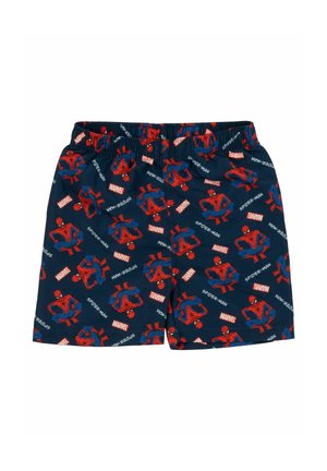 Navy blue elastic waist shorts featuring repeated red and blue Spider-Man poses with Marvel and Spider-Man text logos.