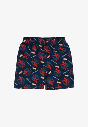 Navy blue elastic waist shorts featuring repeated red and blue Spider-Man poses with Marvel and Spider-Man text logos.