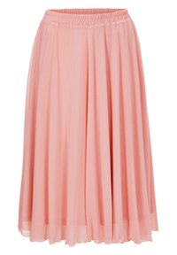 Plissé midi-jurk in zachtroze stof, met een elastische tailleband en een lichte, flowende textuur die de beweging accentueert.