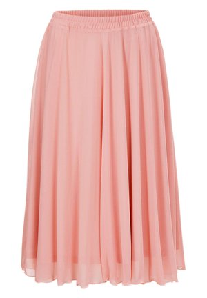 Faltender Midirock aus weichem pinkfarbenem Stoff, mit elastischem Bund und leichtem, fließendem Material, das die Bewegung unterstützt.