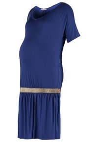 Navy blue äitiysmekko, jossa on lyhyet hihat, pyöreä pääntie ja joustava kultaisella korostuksella varustettu vyötä.