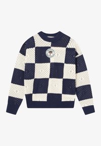 Marineblauer und cremefarbener, karierten Pullover mit einem Strickmuster, ausgestattet mit einem gerippten Rundhalsausschnitt und Bündchen sowie einem rund gestickten Logo auf der Vorderseite.