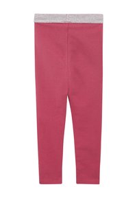 Rosa Baumwollleggings mit einem silbernen elastischen Bund. Glatte Textur, körperbetontes Design, knöchellang, minimale Details.