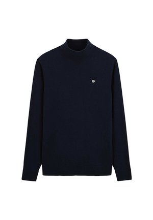 Pull à manches longues bleu marine avec col rond côtelé, poignets et ourlet, arborant un petit logo circulaire sur la poitrine gauche.